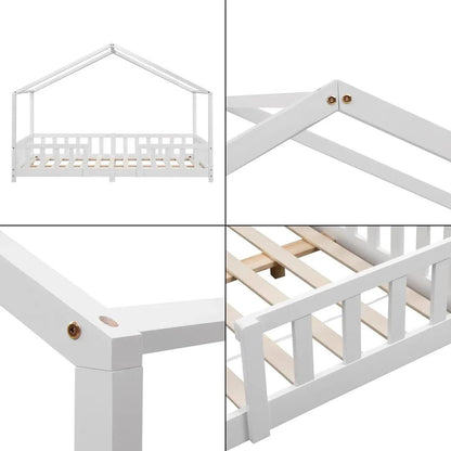 Grand lit cabane double avec barrière - 140x200cm - Blanc