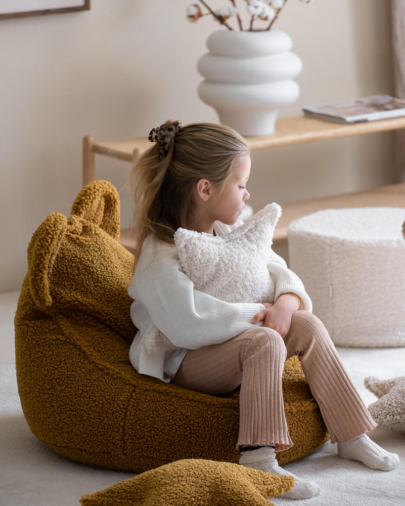 Fauteuil enfant ourson tissu bouclette - Jaune moutarde