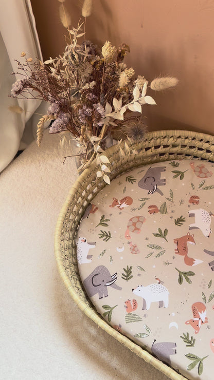 Panier à langer + matelas + housse animaux beige