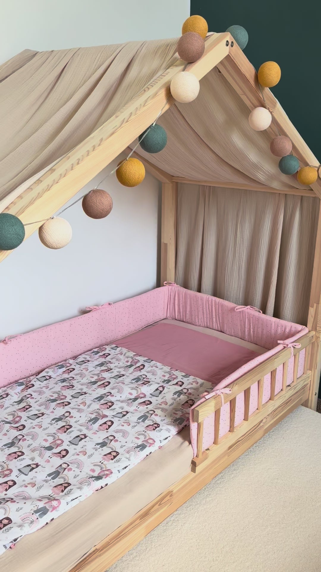 Tour de lit cabane double gaze rose blush pois dorés