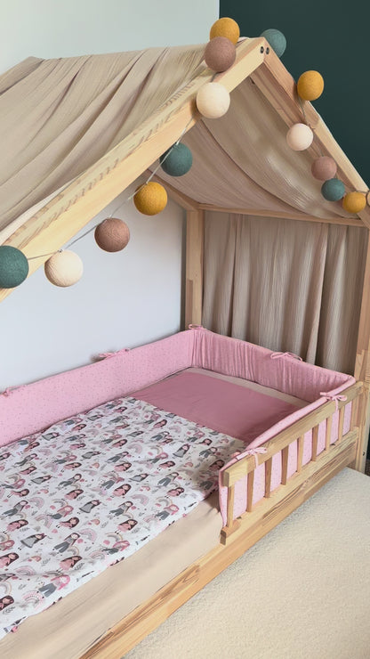 Tour de lit cabane double gaze rose blush pois dorés