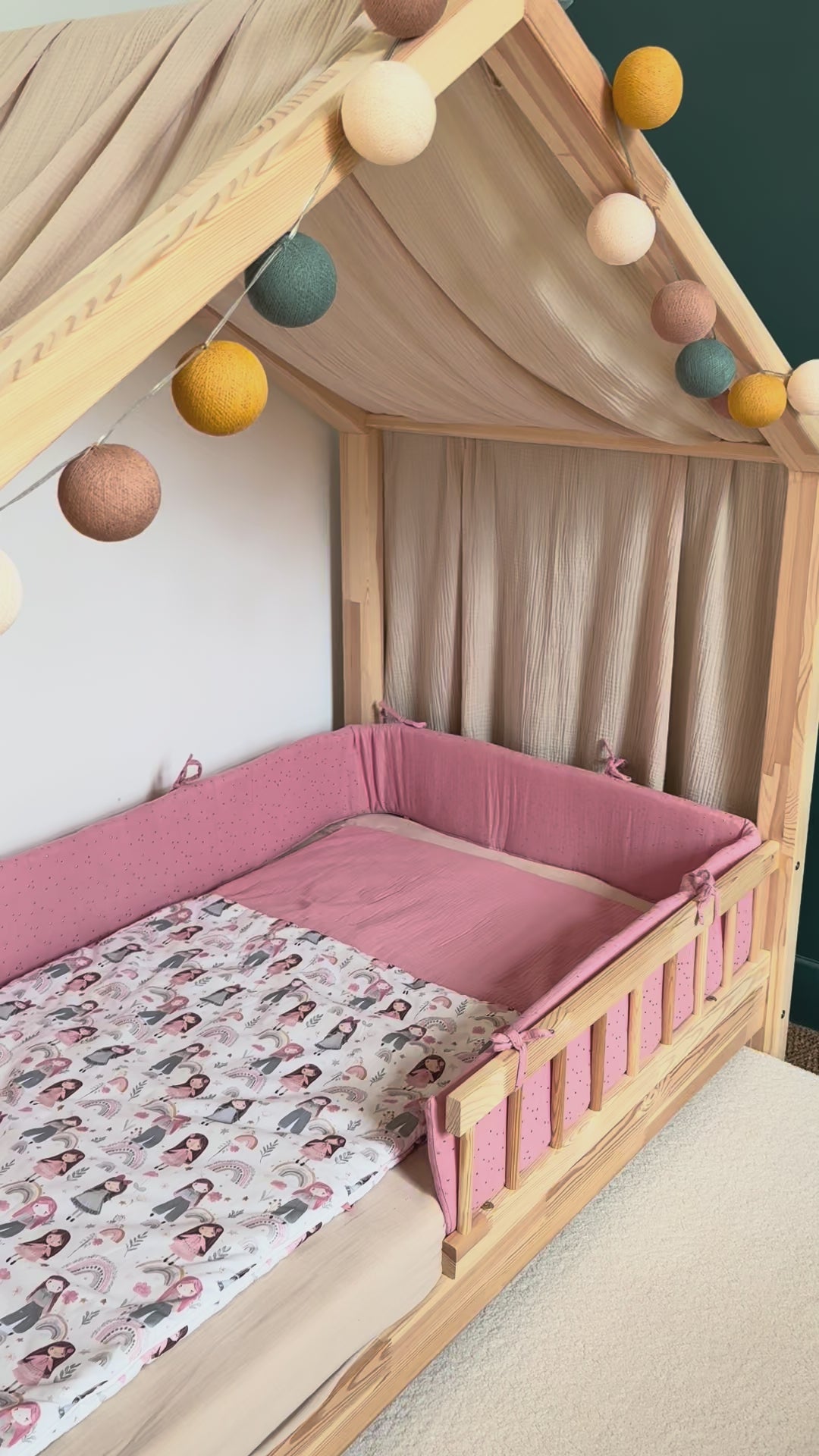 Tour de lit cabane double gaze rose pois dorés