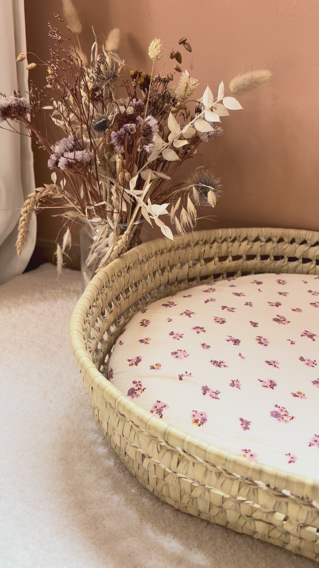 Panier à langer + matelas + housse double gaze fleurie Hava