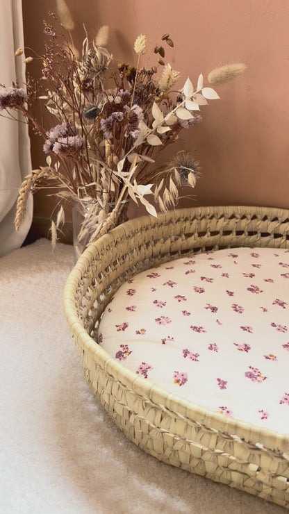 Panier à langer + matelas + housse double gaze fleurie Hava