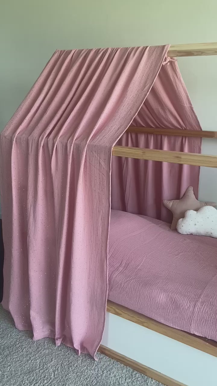 Ciel de lit rose à pois dorés pour lit Kura IKEA