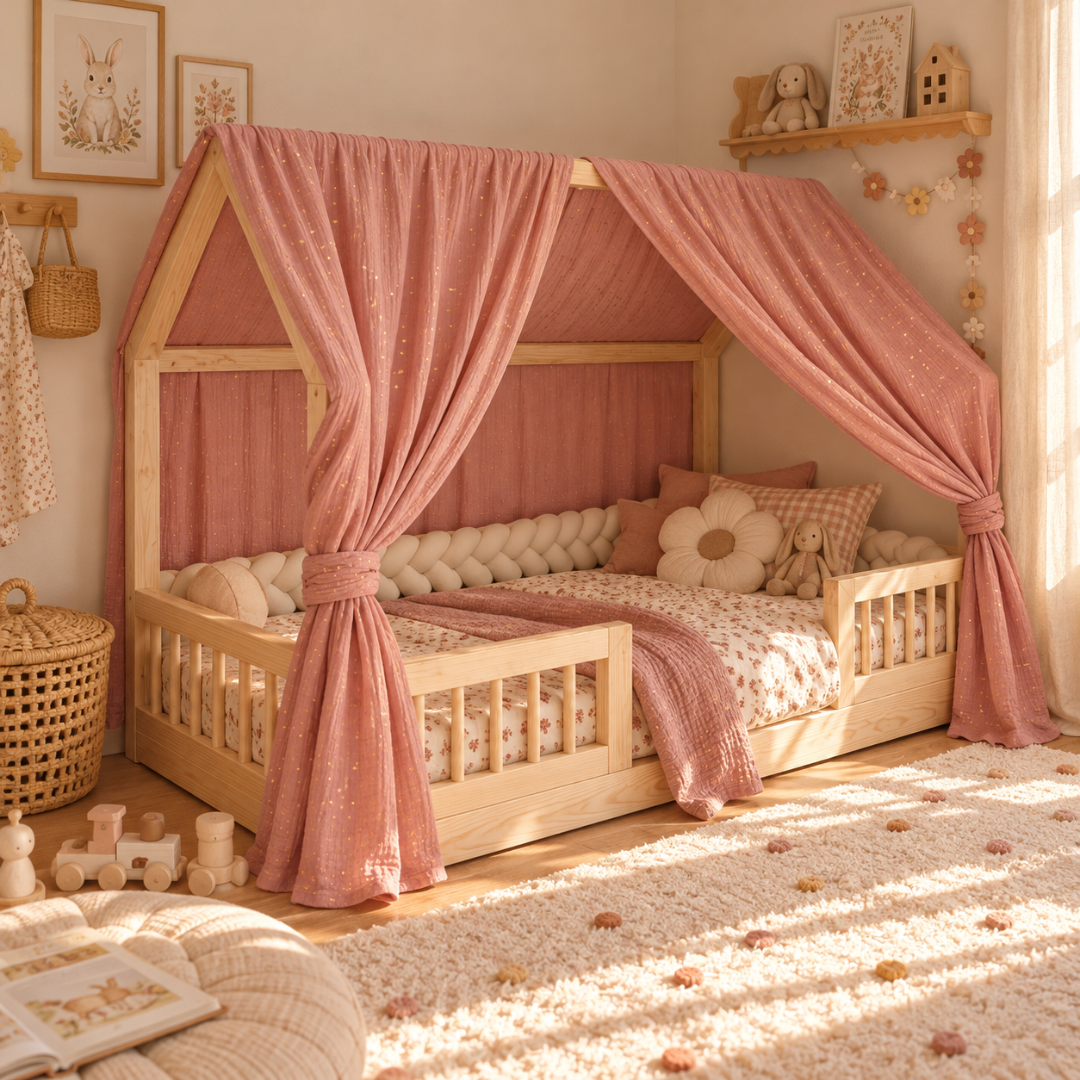 Ciel de lit cabane (pack de 2) Rose pois dorés