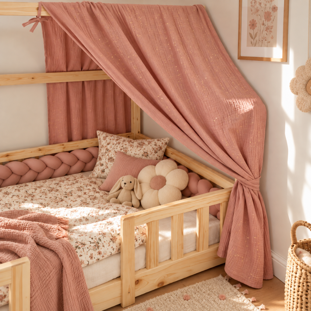 Ciel de lit cabane Rose pois dorés