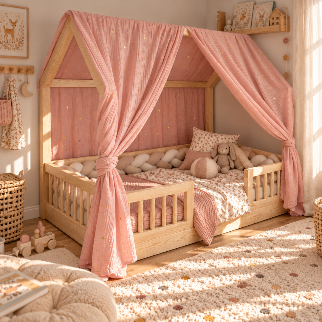 Ciel de lit cabane (pack de 2) Rose blush pois dorés