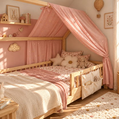 Ciel de lit cabane Rose blush pois dorés