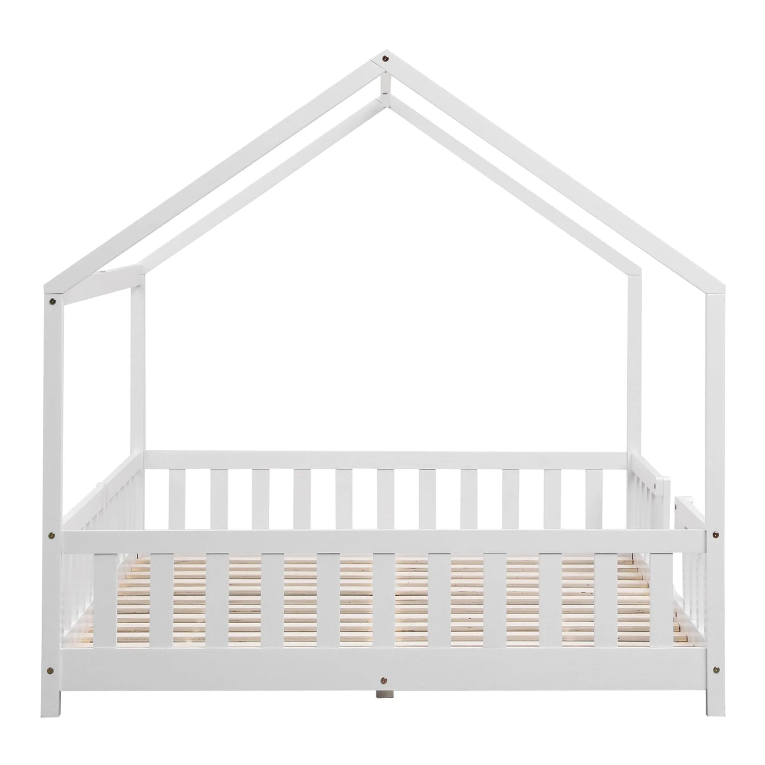 Grand lit cabane double avec barrière - 140x200cm - Blanc