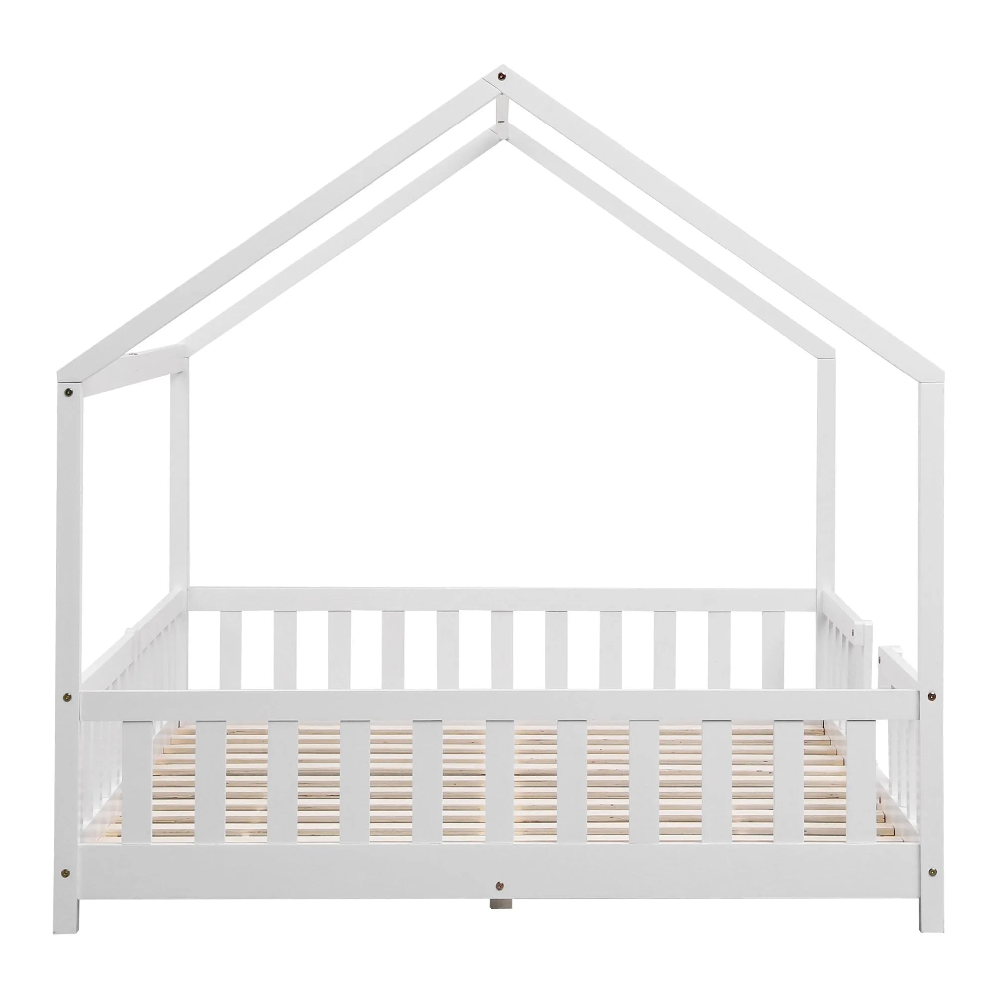 Grand lit cabane double avec barrière - 140x200cm - Blanc
