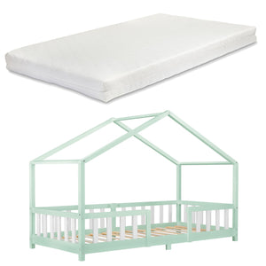 Lit cabane avec barrière + matelas - 90x200cm - Vert & blanc