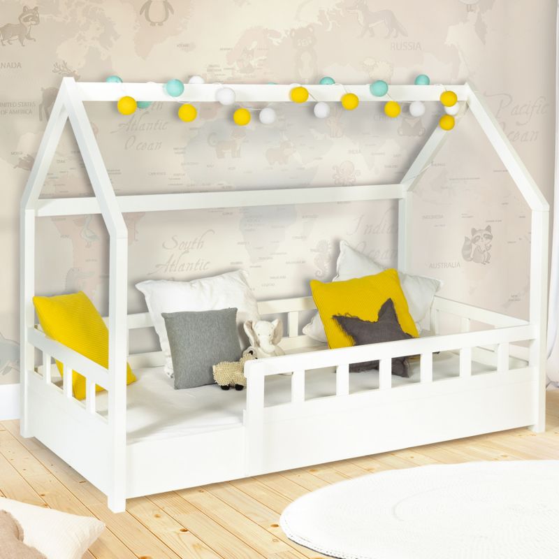 Lit cabane blanc avec barrière 80x160cm