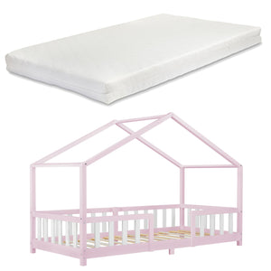 Lit cabane avec barrière + matelas - 90x200cm - Rose & Blanc