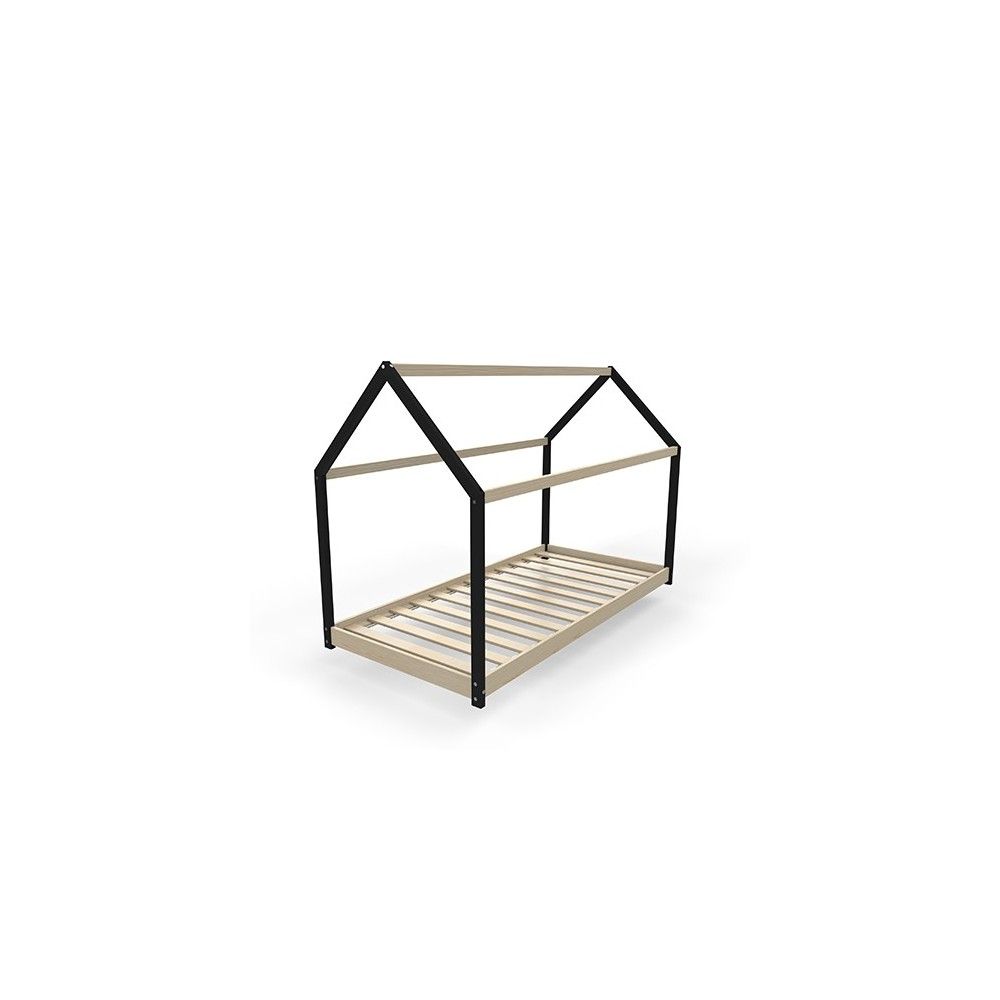 Lit cabane couleur noir et bois avec sommier