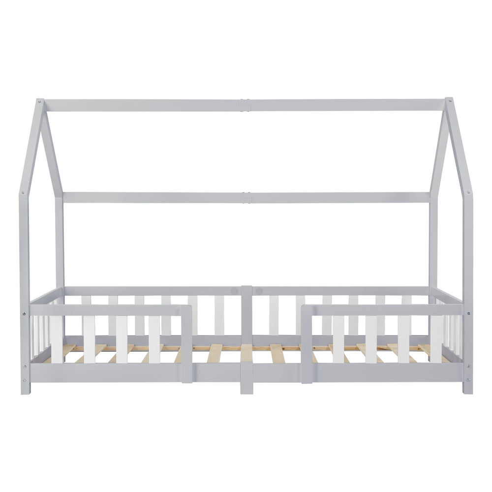 Lit cabane avec barrière + matelas - 90x200cm - Gris & blanc