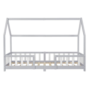 Lit cabane avec barrière + matelas - 90x200cm - Gris & blanc