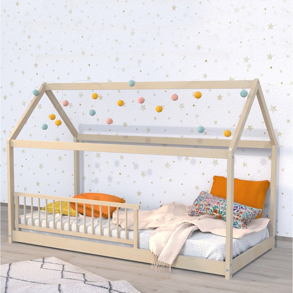 Lit cabane Montessori avec barrière + sommier