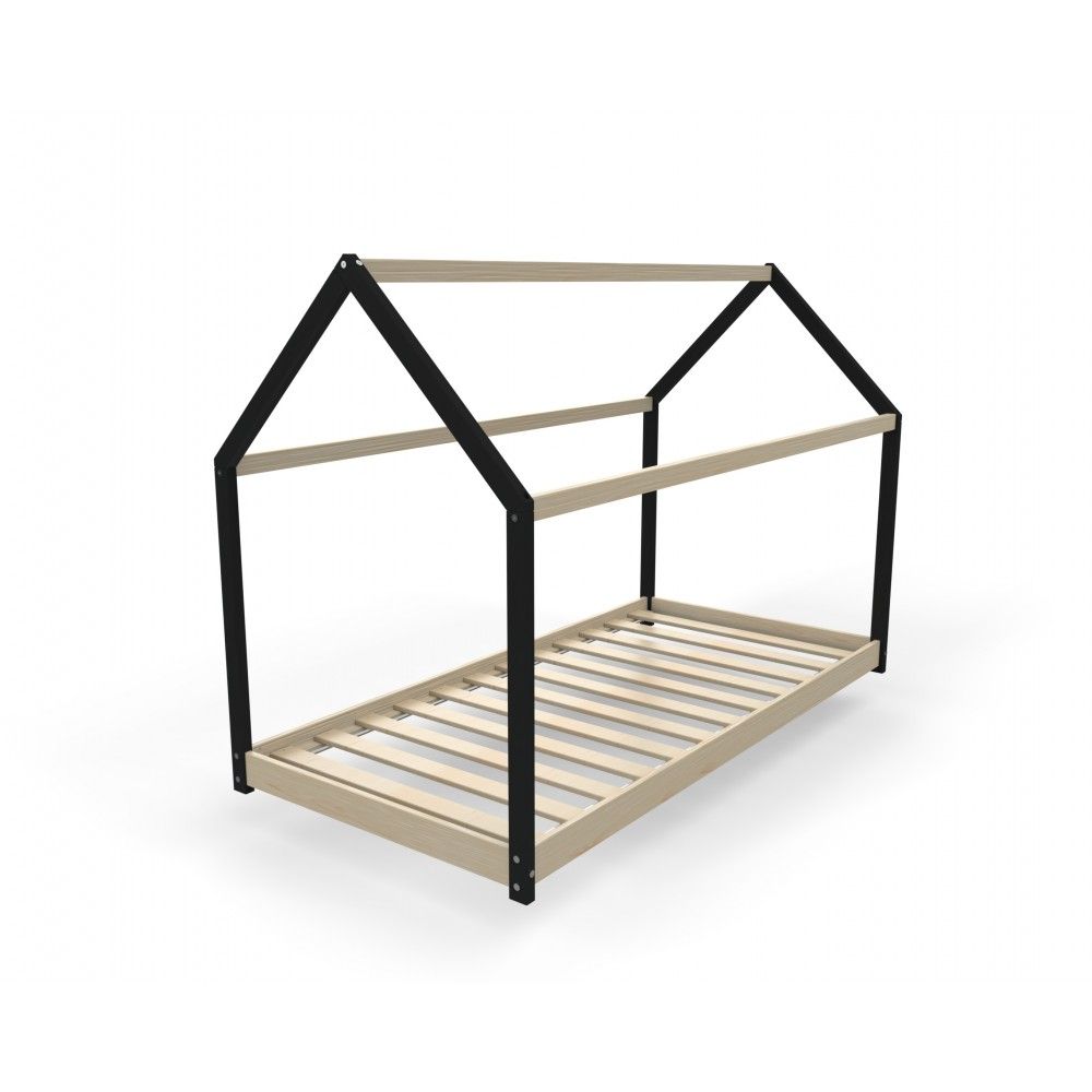 Lit cabane couleur noir et bois avec sommier