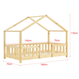 Lit cabane avec barrière et matelas 70x140cm - Bois naturel