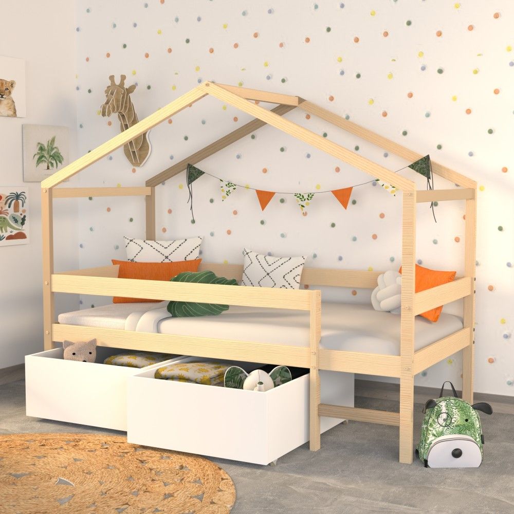 Bed van natuurlijk hout met opberglade