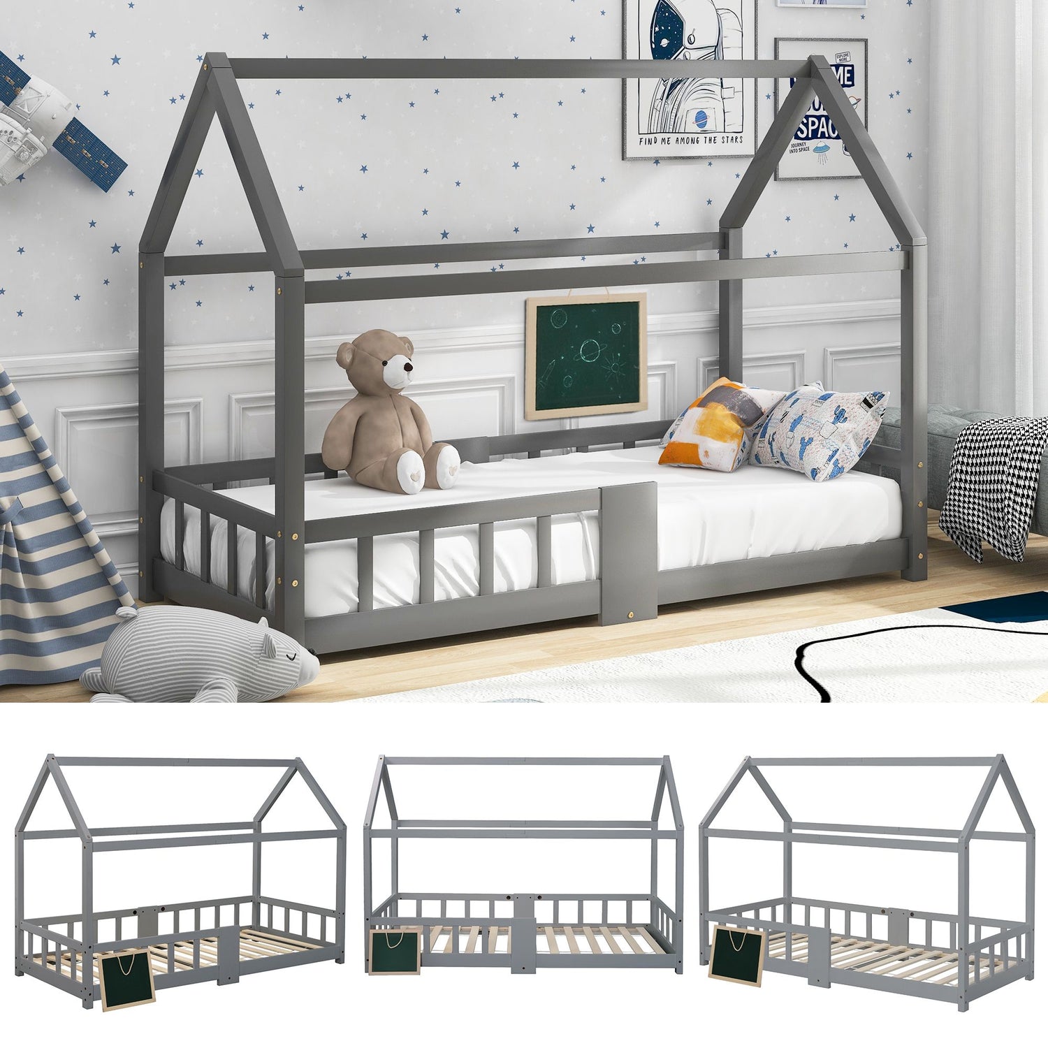 Lit cabane gris Montessori avec barrière