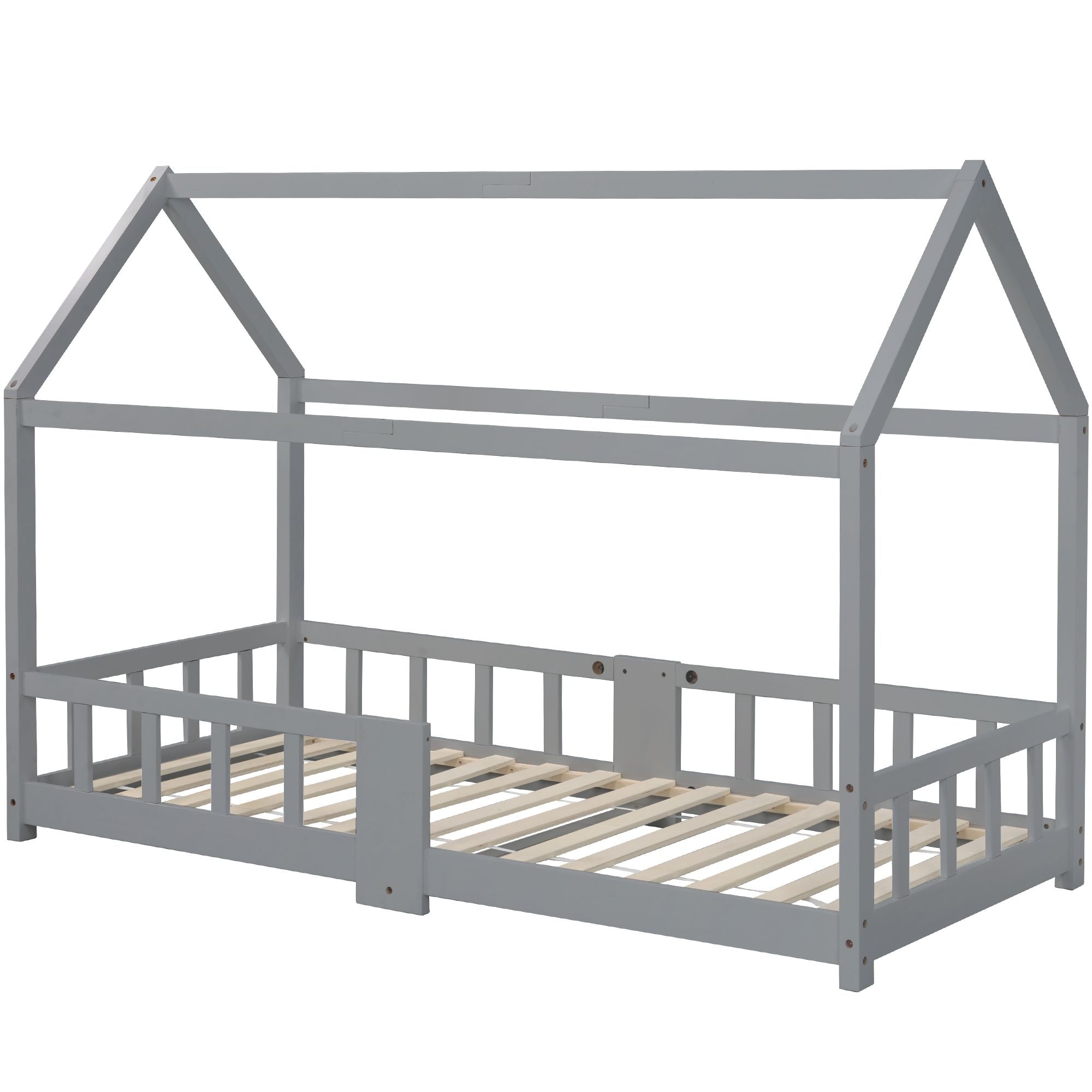 Lit cabane gris Montessori avec barrière