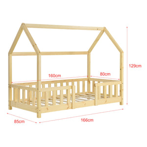 Lit cabane en bois naturel avec barrière amovible + matelas - 80x160cm - Bois naturel