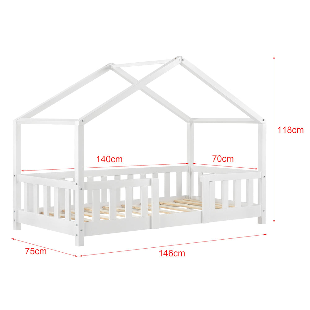 Lit cabane avec barrière + matelas - 70x140cm - Blanc