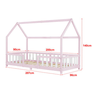 Lit cabane avec barrière + matelas - 90x200cm - Rose & Blanc