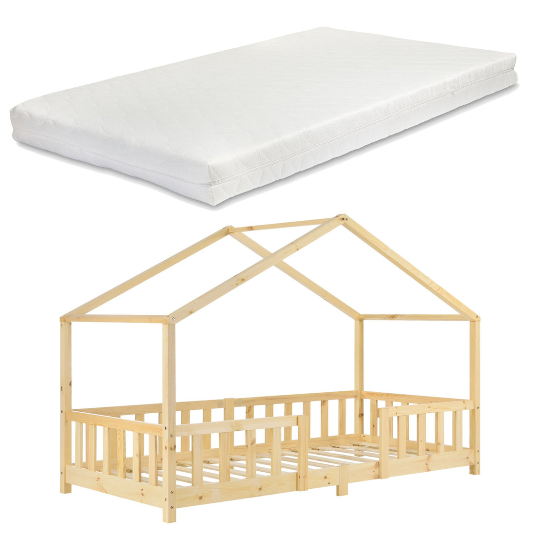 Lit cabane en bois naturel avec barrière et matelas 90x200cm