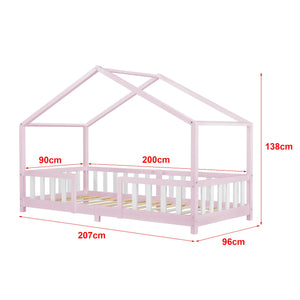 Lit cabane avec barrière + matelas - 90x200cm - Rose & Blanc