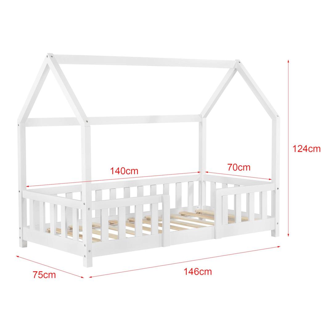 Lit cabane avec barrière + matelas 70x140cm - Blanc