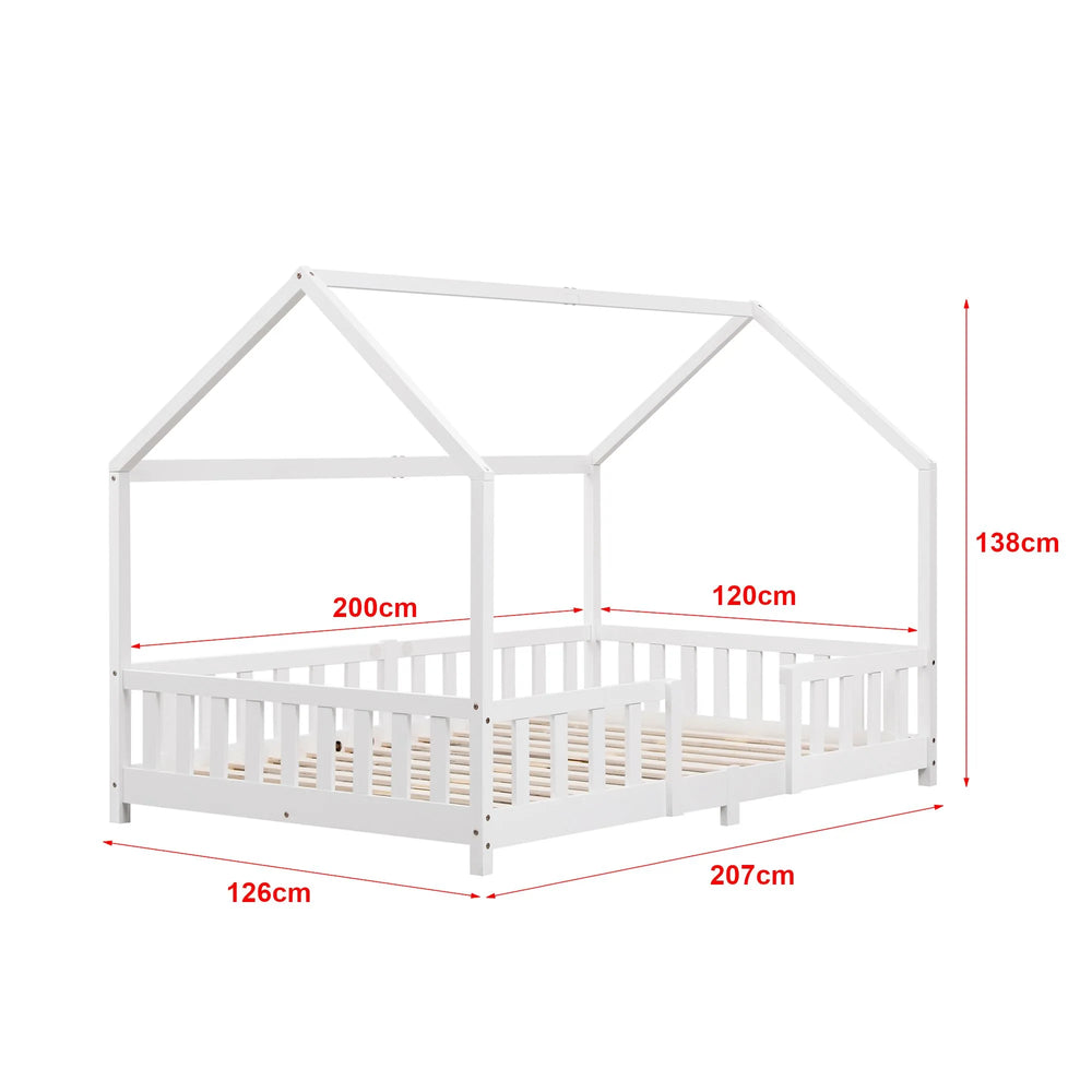 Grand lit cabane double avec barrière - 120x200cm - Blanc