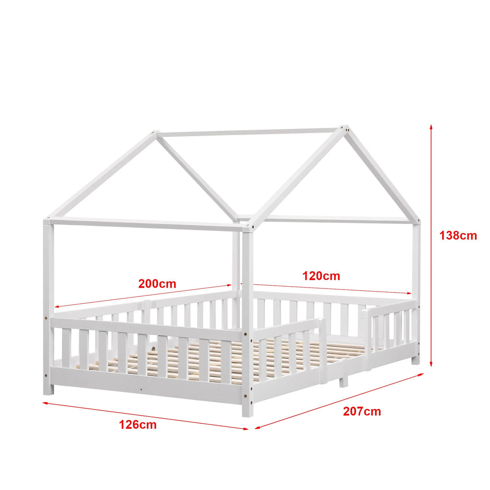 Grand lit cabane double avec barrière - 120x200cm - Blanc