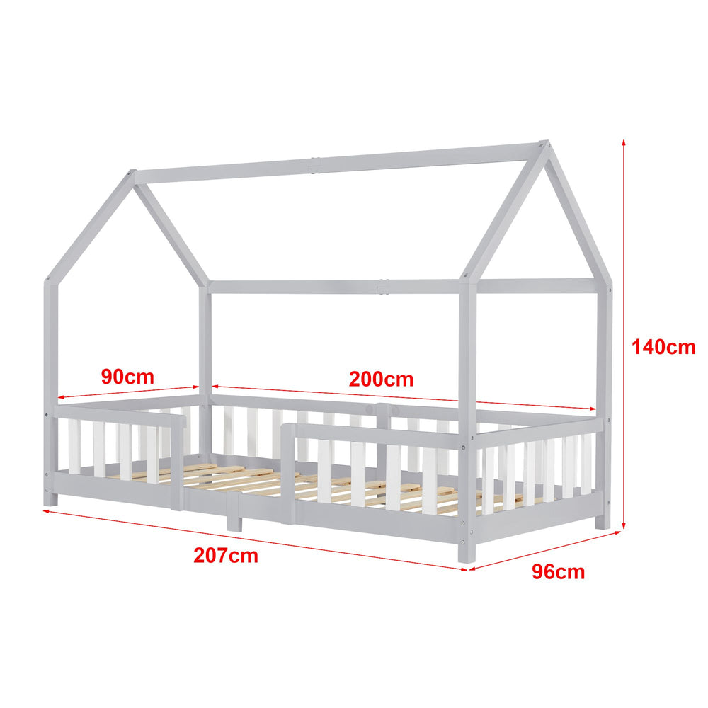 Lit cabane avec barrière + matelas - 90x200cm - Gris & blanc