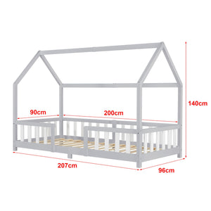 Lit cabane avec barrière + matelas - 90x200cm - Gris & blanc