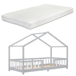 Lit cabane avec barrière + matelas - 90x200cm - Gris & Blanc