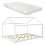 Grand lit cabane double Montessori avec matelas - 120x200cm - Blanc