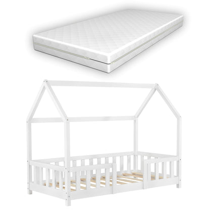Lit cabane avec barrière + matelas - 80x160cm - Blanc