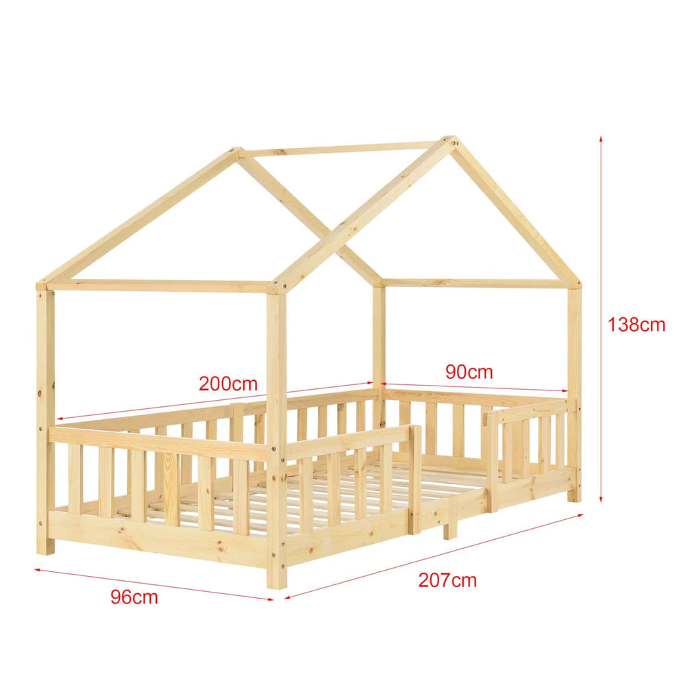 Lit cabane avec barrière - 90x200 cm - Bois naturel