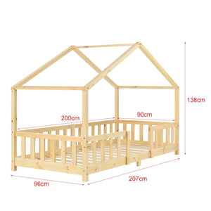 Lit cabane avec barrière - 90x200 cm - Bois naturel