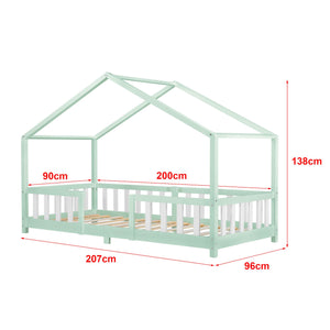 Lit cabane avec barrière + matelas - 90x200cm - Vert & blanc