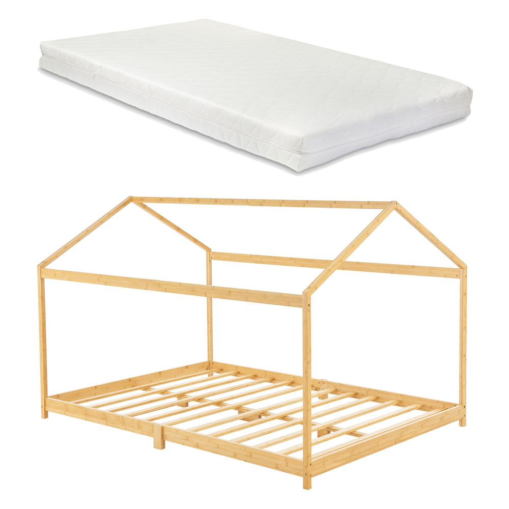 Grand lit cabane double avec matelas - 140x200cm - Bois naturel