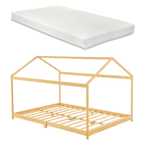 Grand lit cabane double avec matelas - 140x200cm - Bois naturel