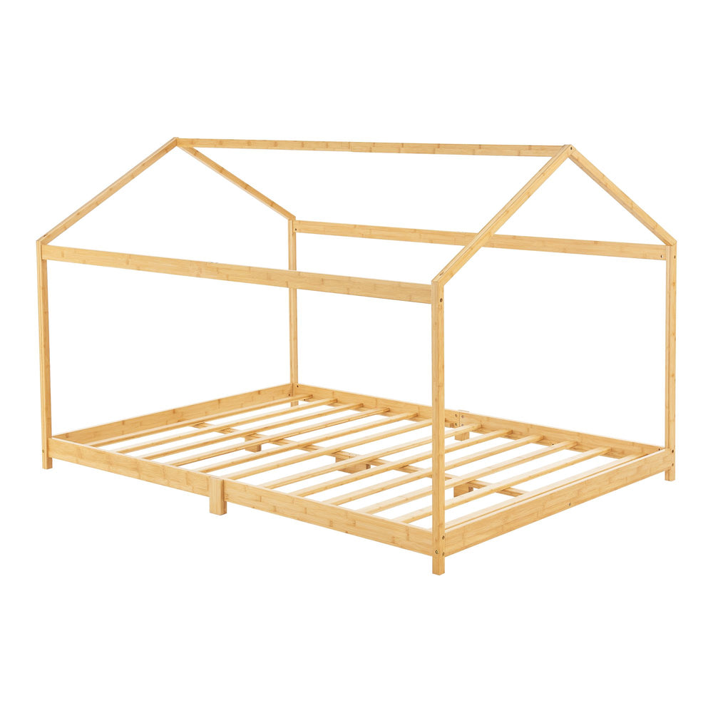 Grand lit cabane double 140x200cm - Bois naturel