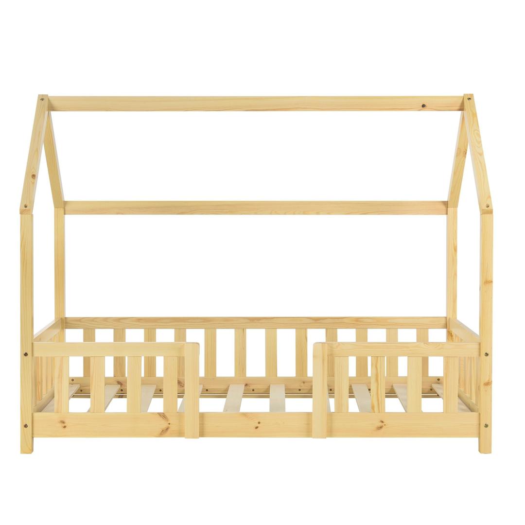 Lit cabane en bois naturel avec barrière amovible + matelas - 80x160cm