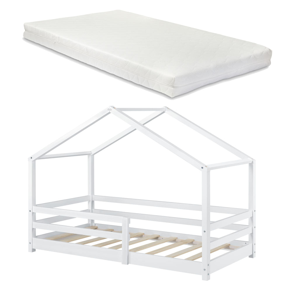Lit cabane avec barrière et matelas - 90x200cm - Blanc