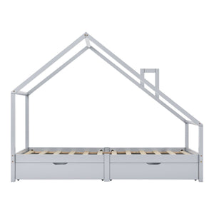 Lit cabane avec tiroirs de rangement et matelas 90x200cm - Gris