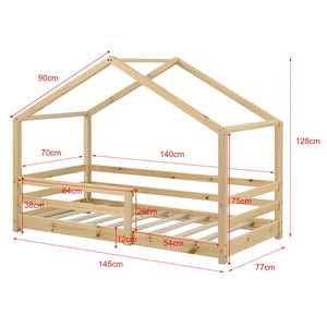 Lit cabane avec barrière - 70x140cm - Bois naturel